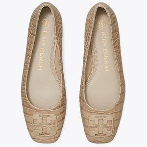 Tory Burch WIDE Croc Embossed Georgia Ballet Flat EXTENDED WIDTH 9.5C 10C Taupe